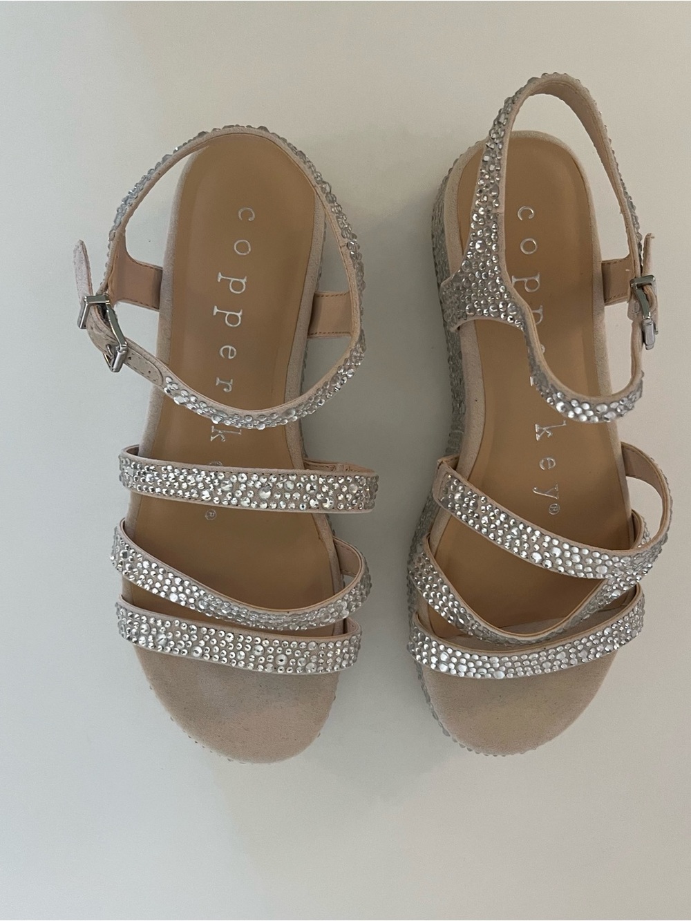 Copper Key Blush Crystal Strappy Wedge Sandals Size 7 NWOT